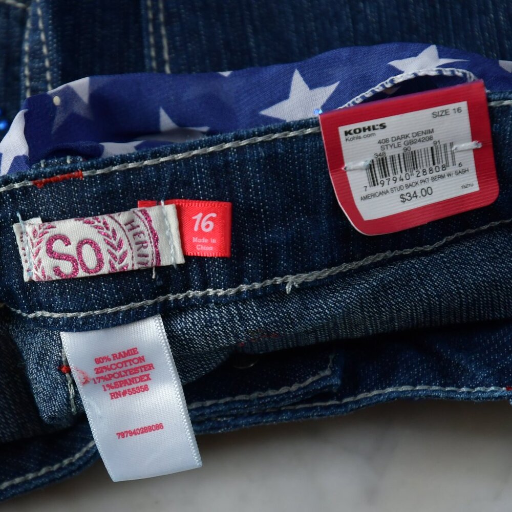 NWT - So Americana Stud Back Pkt Berm W/ Sash 408 Dark Denim Size 16 - Picture 6 of 6